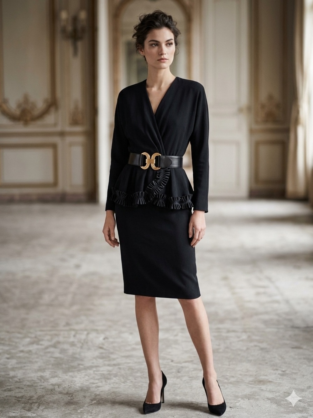 Authentic Vintage Christian Dior Black Peplum Midi Dress